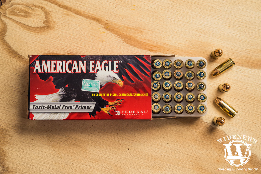 federal american eagle toxic metal free primer 9mm ammo photo of federal american eagle toxic metal free primer 9mm ammo on plywood