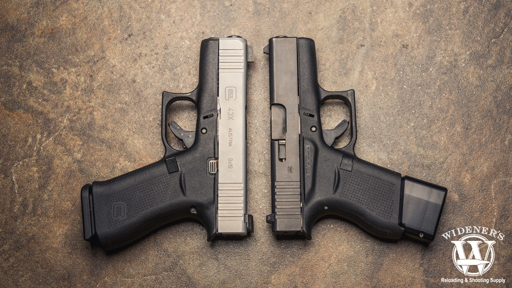 the glock 43 v3 43x side by side A photo of the glock 43 and 43x side by side on a ceramic tile