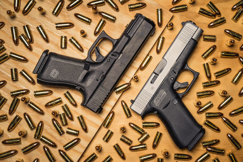 a photo of a glock 48 vs 19 with 9mm bullets
