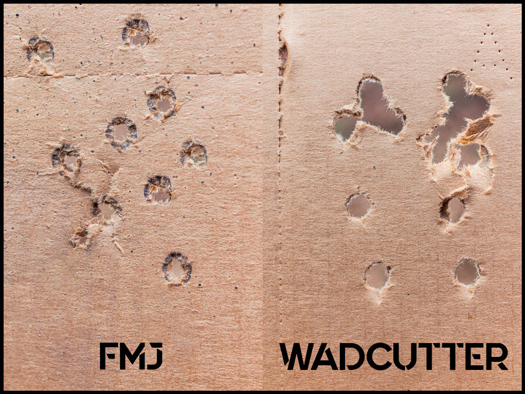 comparing fmj vs wadcutter ammo on a paper target a photo comparing fmj vs wadcutter ammo on a paper target