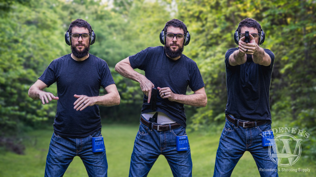 a photo of a man demonstrating how to draw a handgun from a holster