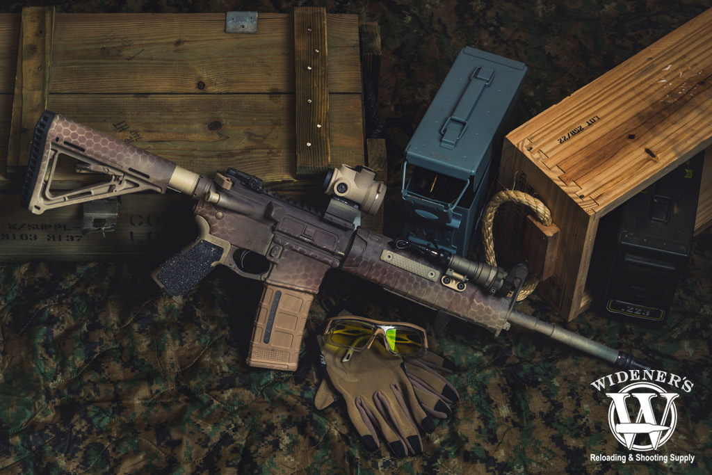 an ar-15 rifle with accessories A photo of an ar-15 rifle with accessories