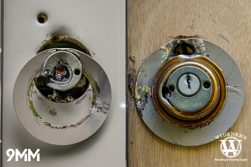 a photo of shooting a deadbolt with a 9mm handgun