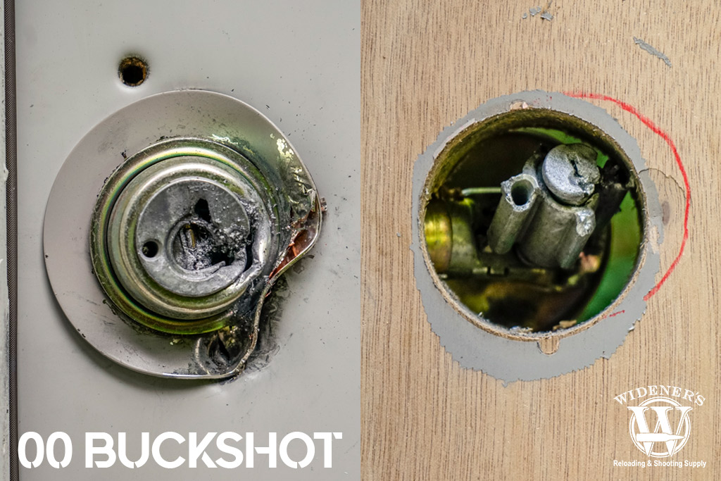 a photo of shooting a deadbolt with a 12 gauge shotgun