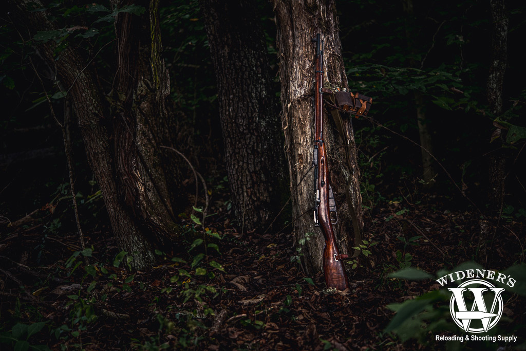 a m91/30 mosin nagant rifle leaning against a tree in the woods a photo of a m91/30 mosin nagant rifle leaning against a tree in the woods
