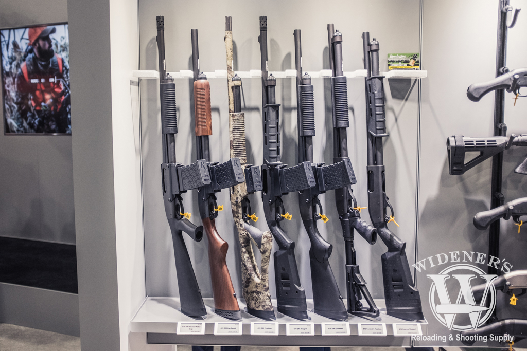 remington 870 shotgun lineup at shot show 2019 photo of the remington 870 shotgun lineup at shot show 2019