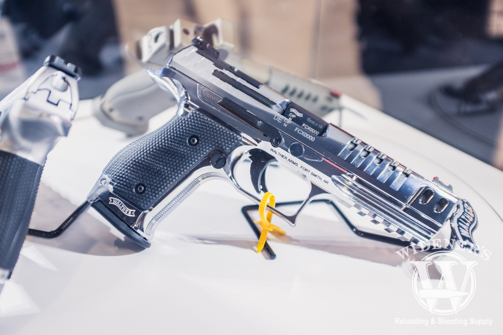 a chrome steel frame Walther Q5 Match pistol at shot show 2019 photo of a chrome steel frame Walther Q5 Match pistol at shot show 2019