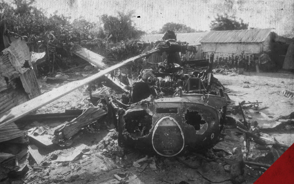 a photo of a black hawk helicopter after the Battle of Mogadishu 