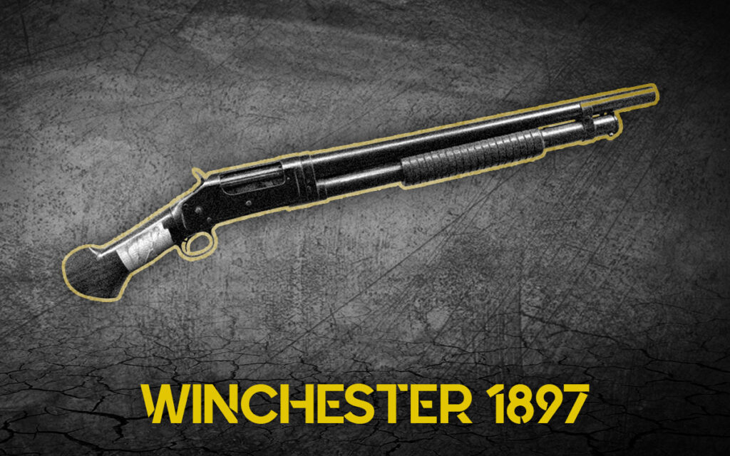 sawed off Winchester 1897 shotgun a photo of a sawed off Winchester 1897 shotgun
