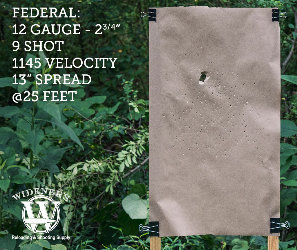 federal 12 gauge 9 shot shotgun ammo photo of shotgun target shot with Federal 12 Gauge 2-3/4 Inch Shell, 9 Shot, 1145 Velocity, Shot At 25 Feet.