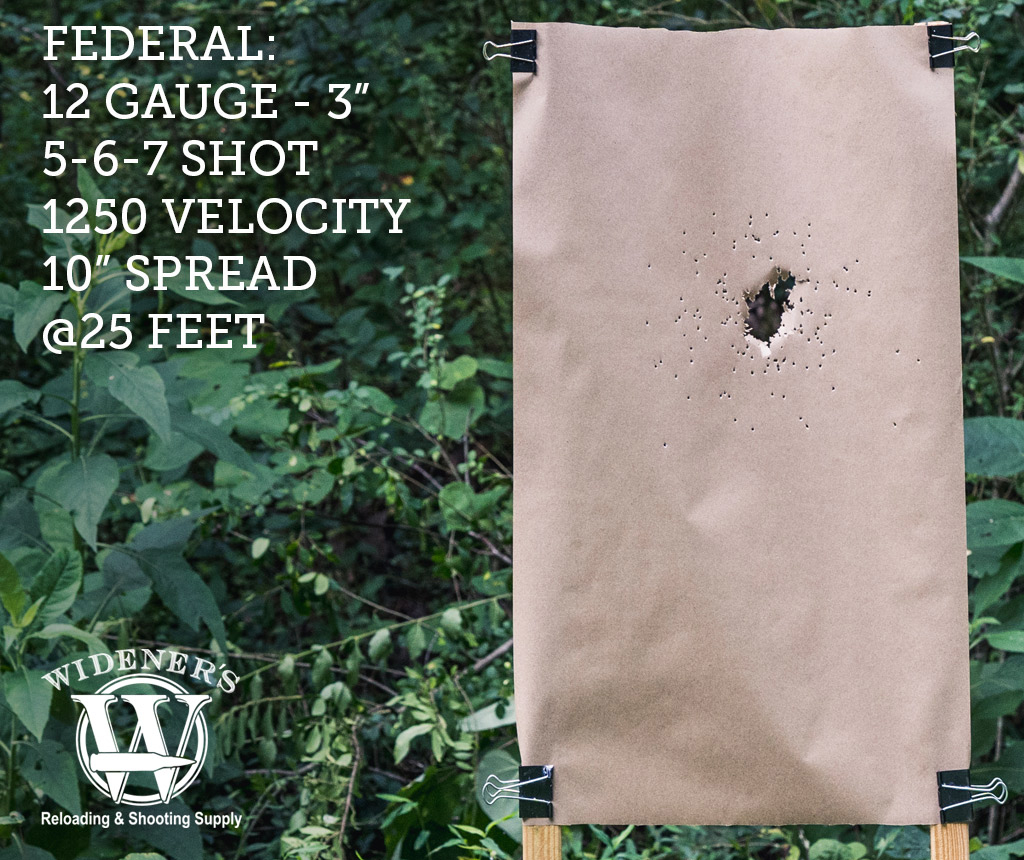 federal 12 gauge 3 inch 5-6-7 shot shotgun ammo photo of 12 gauge shotgun target shot by Federal 12 Gauge 3-Inch Shell, 5-6-7-Shot, 1250 Velocity, Shot At 25 Feet.
