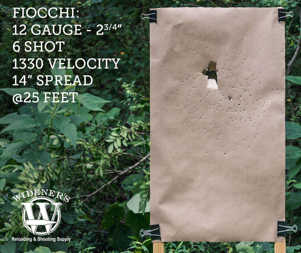 fiocchi 12 gauge 6 shot shotgun ammo photo of 12 gauge shotgun target shot with Fiocchi 12 Gauge 2-3/4 Inch Shell, 6-Shot, 1330 Velocity, Shot At 25 Feet.