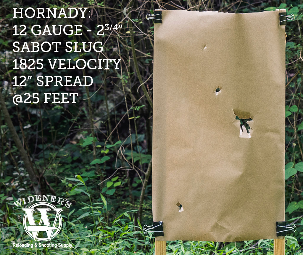 hornady 12 gauge sabot slug shotgun ammo photo of 12 gauge shotgun target shot with a sabot slug