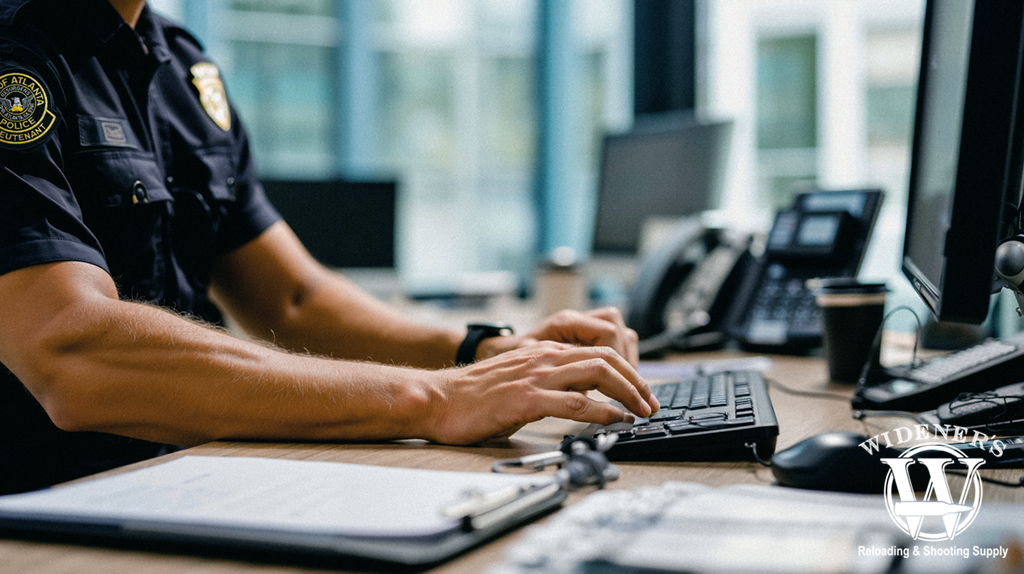a photo of a police officer typing at a computer