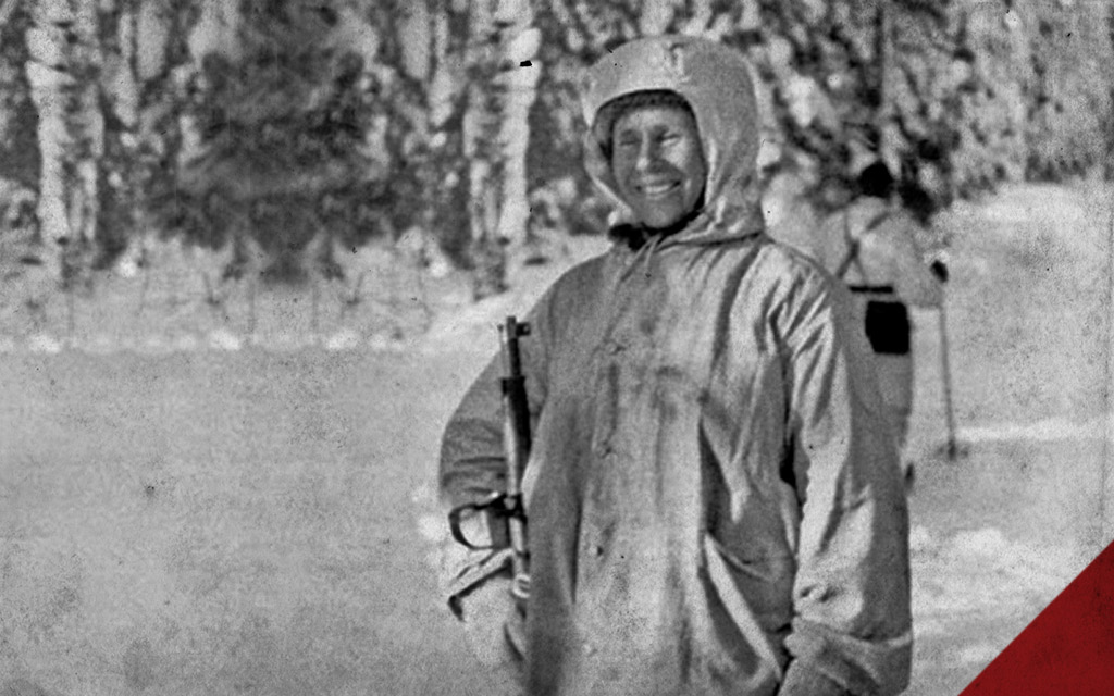 a historical photo of Simo Häyhä during the winter war