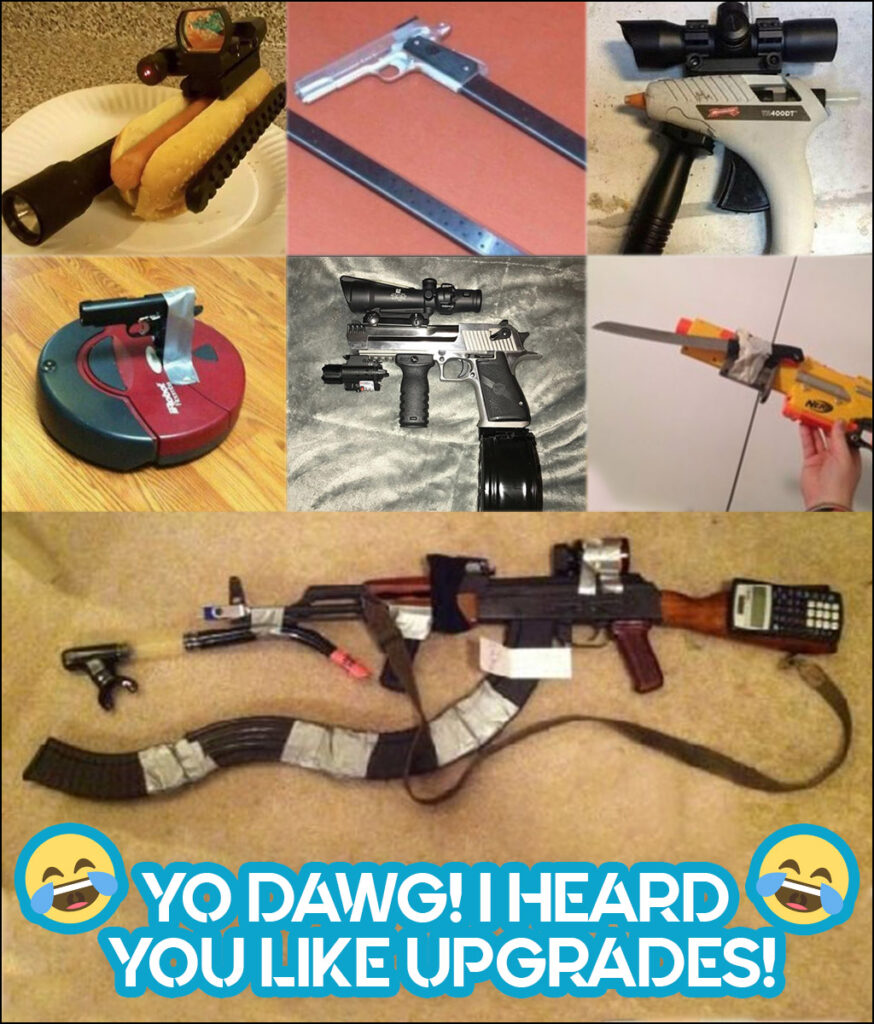 a photo of a variety of ridiculous gun accessory memes 