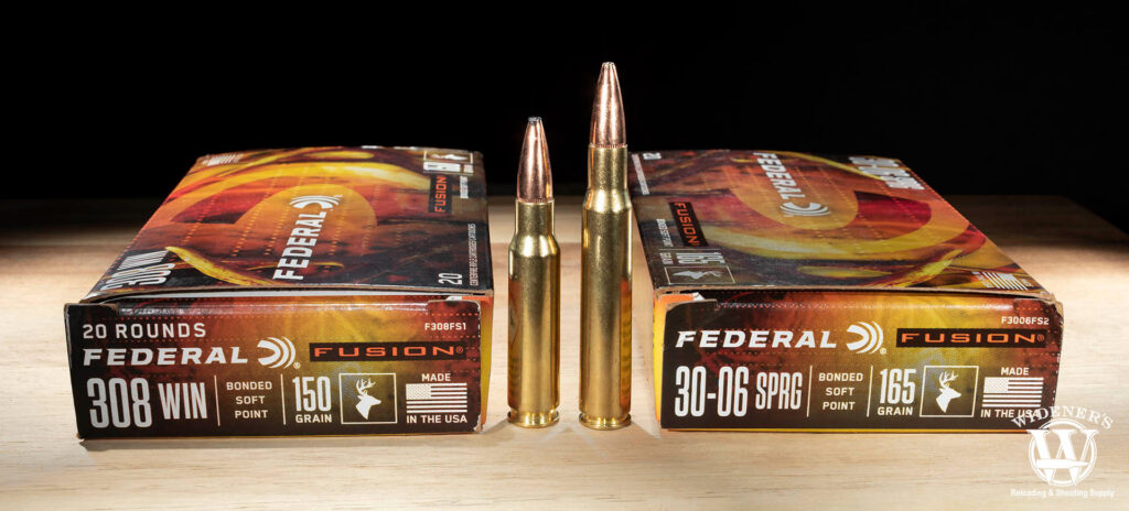 a photo comparing 30-06 vs 308 ammo